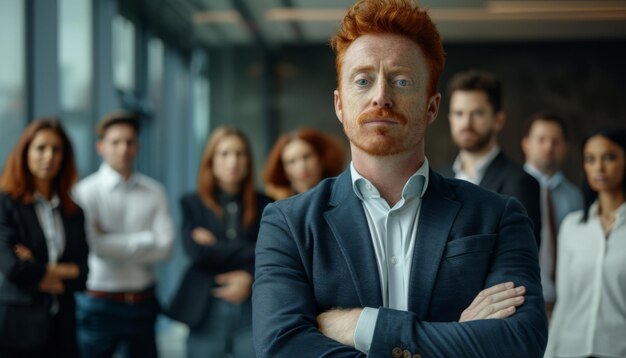 Redhaired man standing in front of group