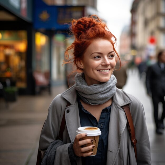 Photo redhaired woman in 14thcentury english collar hair tied in bun sips coffee in berlin city hailing taxi