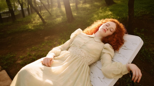 Photo redhaired woman lying down in a peaceful outdoor setting surrounded by flowers
