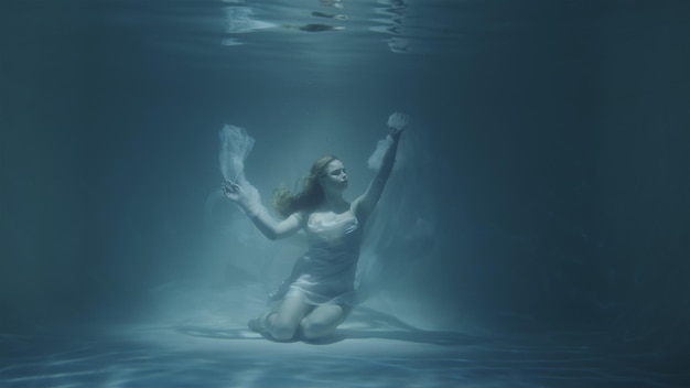 Redhaired woman meditating underwater in white dress