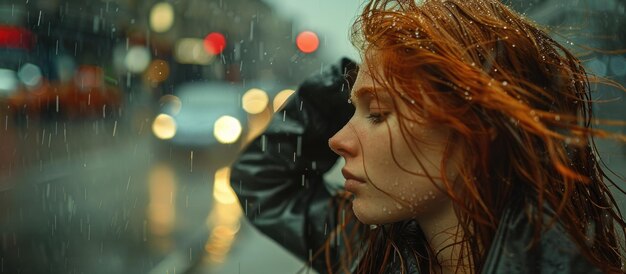 Photo redhaired woman standing in the rain