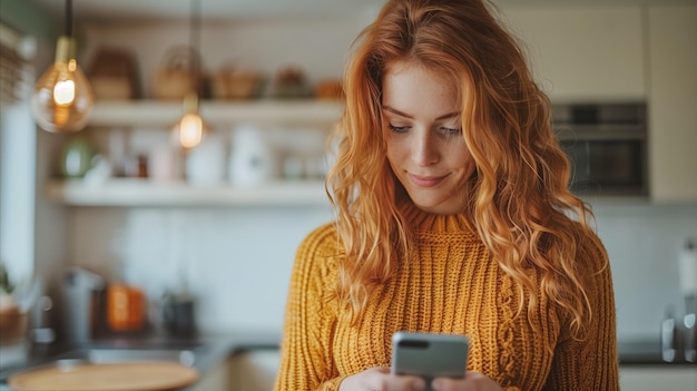 屋内でスマートフォンを使っている赤の女性