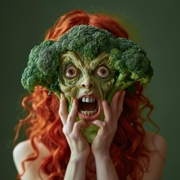 RedHaired Woman Wearing Green Mask With Broccoli