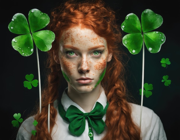 Redhaired woman with clover on St Patrick's Day Portrait of AI