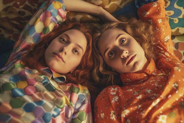 Redhaired women laying on a bed with colorful pillows