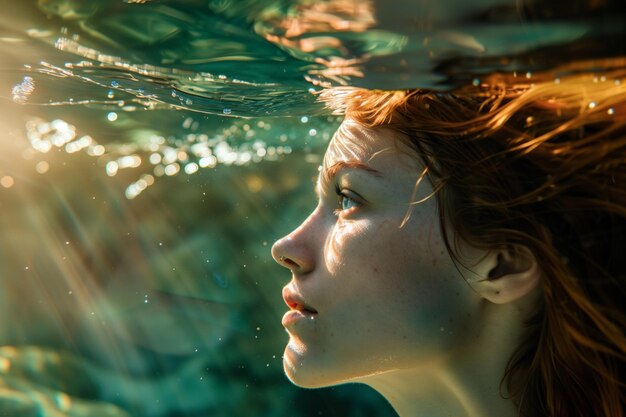 Redhead beauty woman under the water
