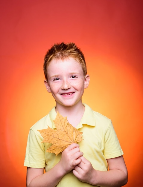 紅葉幸せな子供時代の秋のトレンドを宣伝するための赤毛の少年秋のコンセプトコピースペース...