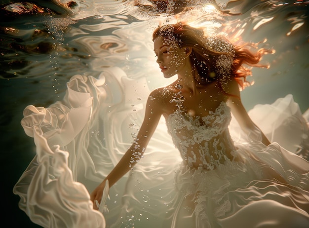 The Redhead Bride Floating Underwater in a White Dress