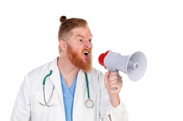 Redhead doctor with a megaphone