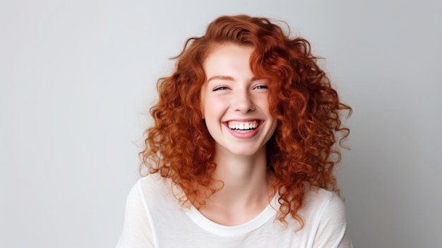 Redhead girl wearing white shirt mockup at grey background Design tshirt template mockup