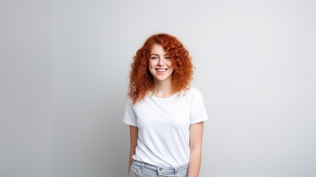 회색 배경에서 흰색 셔츠 모형을 입고 빨간 머리 소녀 디자인 티셔츠 템플릿 모형