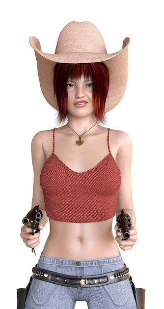 Redhead girl with two guns wears retro cowboy outfit 3D Illustration