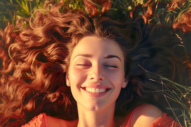 Redhead girl with wavy hair lying on the grass they are laughing and with their eyes closed