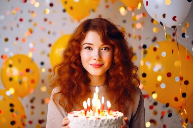 Красноволосая улыбается, держа в руках торт на день рождения.