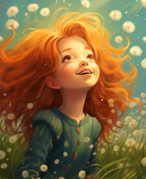 Photo redhead haired girl with long hair in a field of dandelions generative ai