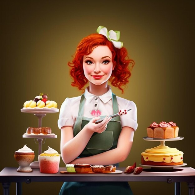 写真 カップケーキの皿を握っているエプロンを着た赤 ⁇ の女性