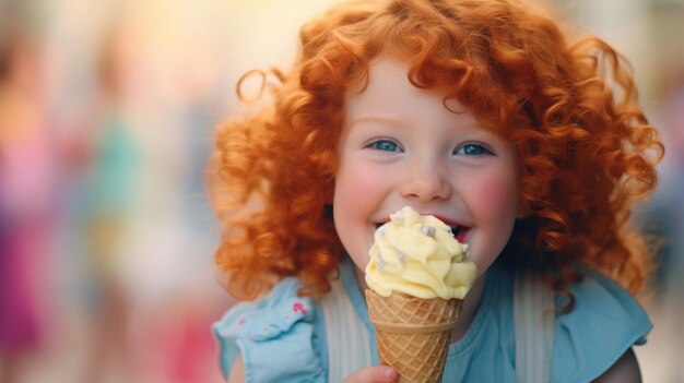 Redhead little kid portrait enjoying vibrant color ice cream cone copy space