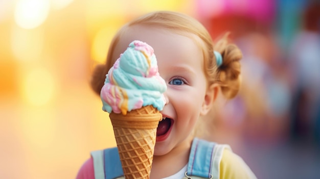 Redhead little kid portrait enjoying vibrant color ice cream cone copy space