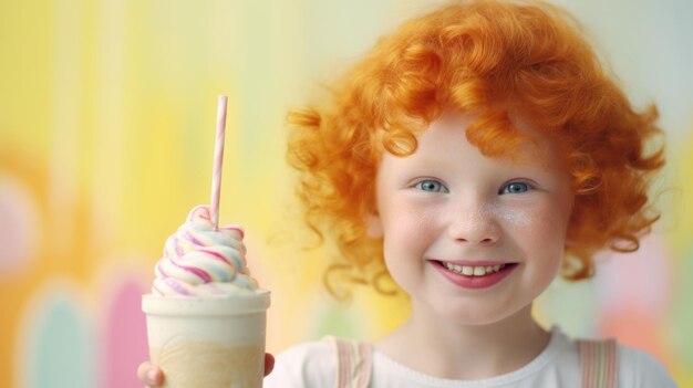 Портрет рыжеволосого мальчика, наслаждающегося ярким цветом мороженого.