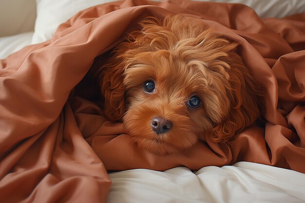 Redhead little puppy lying in light bed at home