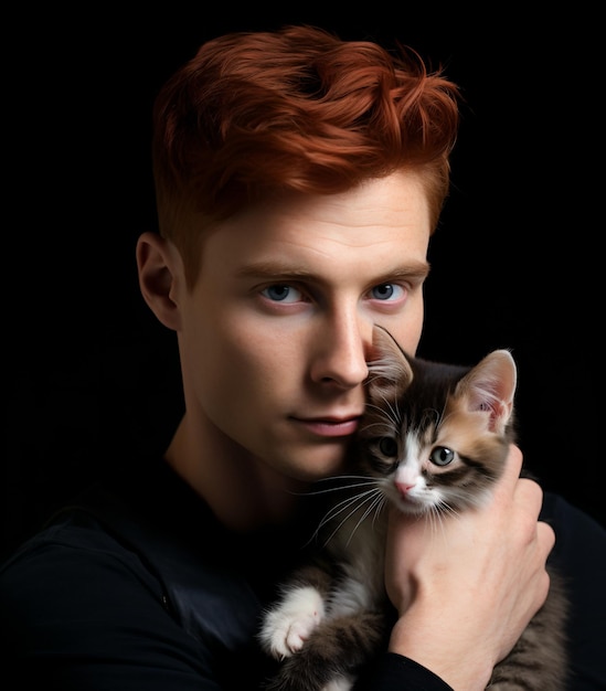 Photo redhead man holding a kitten