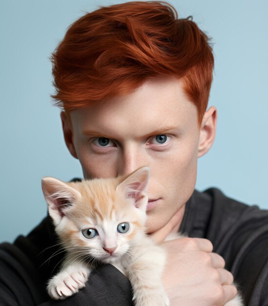 Photo redhead man holding orange kitten