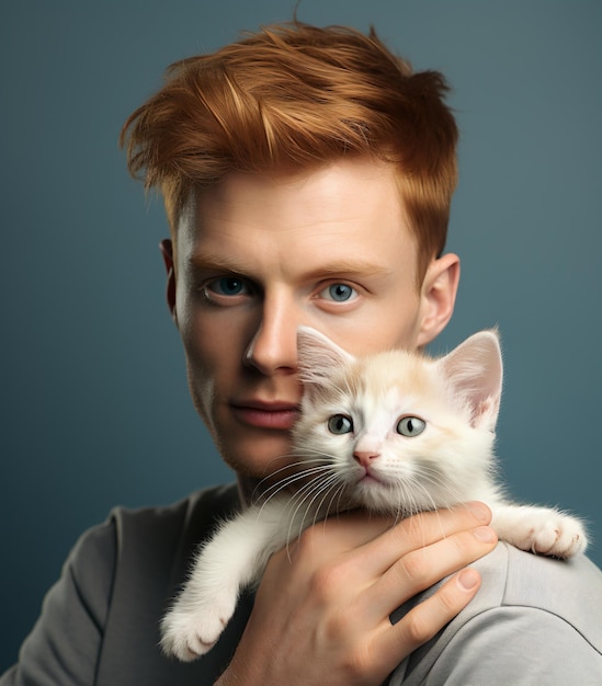 Redhead man holding a white kitten