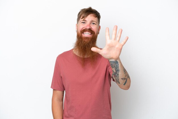 Redhead man with long beard isolated on white background counting five with fingers