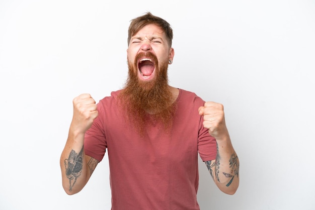 Redhead man with long beard isolated on white background frustrated by a bad situation