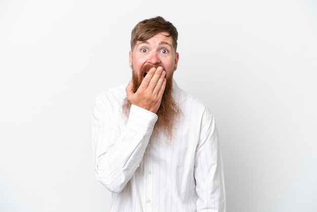 Redhead man with long beard isolated on white background happy and smiling covering mouth with hand