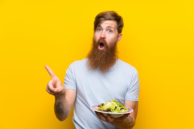 redhead man with long beard and with salad over isolated yellow wall surprised and pointing side