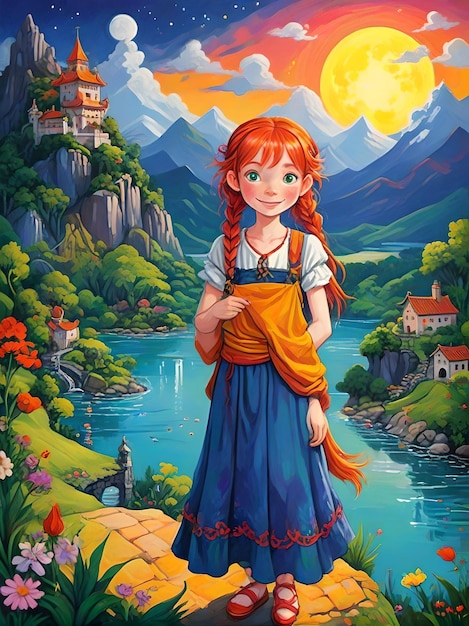 Foto redhead meisje cartoon personage met anime stijl voor het paradijs paleis 02