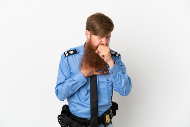 Redhead police man isolated on white background is suffering with cough and feeling bad