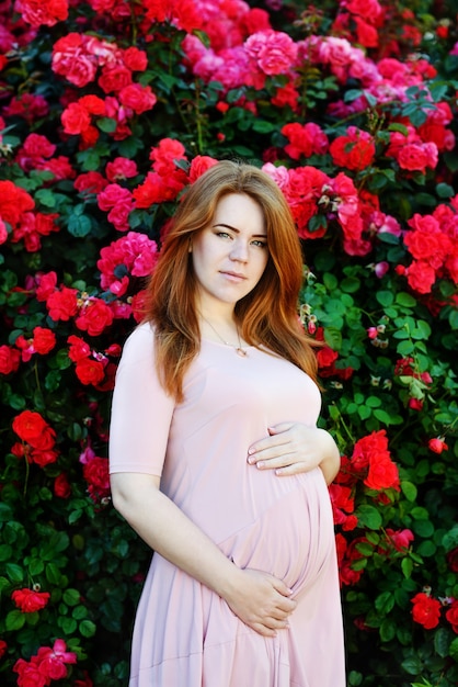 Redhead pregnant womann near the roses bush