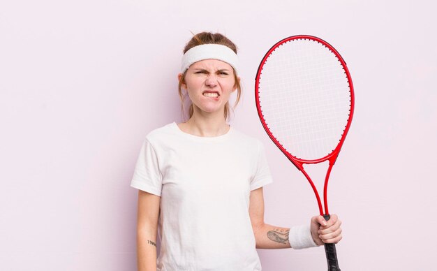 Redhead pretty girl looking puzzled and confused tennis concept