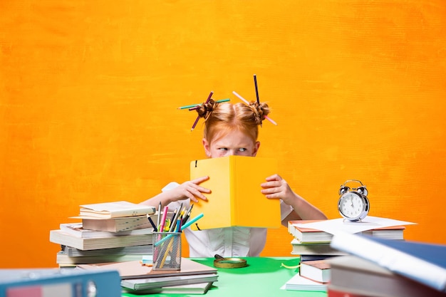 La ragazza dai capelli rossi con molti libri a casa in studio