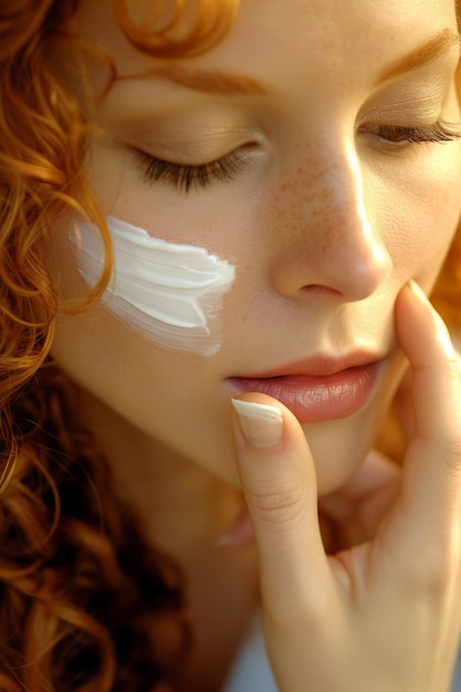 Redhead woman applying cream on her face