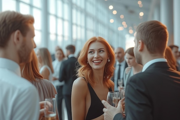 Redhead woman in black dress talking to two men in suits at a party