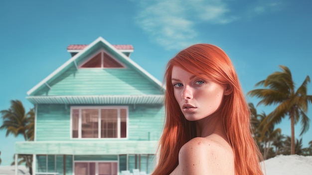 Redhead woman in a bungalow in the maldives