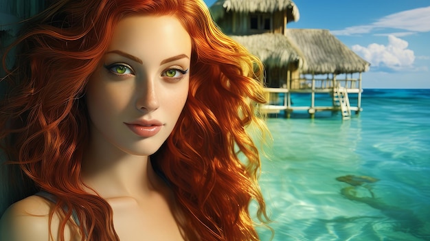 Redhead woman in a bungalow in the maldives