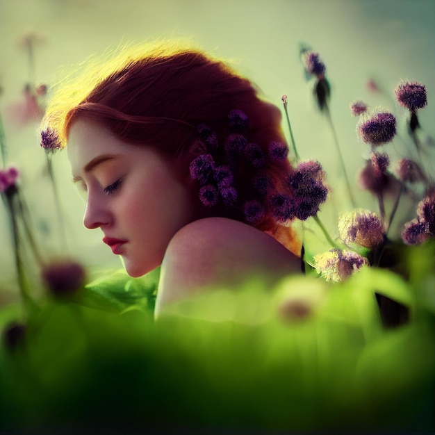 Redhead woman portrait with closed eyes and flowers in background 3d rendering