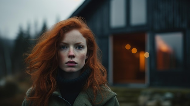 Redhead woman in somber mood outside stylish black cabin on a cloudy day AI Generated content