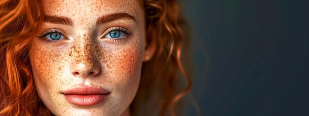 Redhead woman with freckles nose eyelash gesture lipstick smile art throat brown hair electric blue