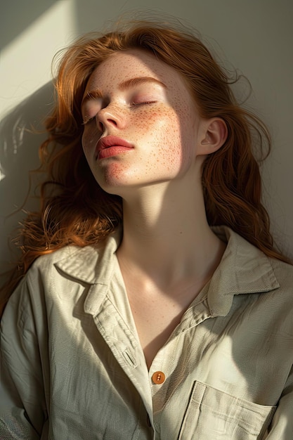 Redhead woman with freckles in sunlight eyes closed