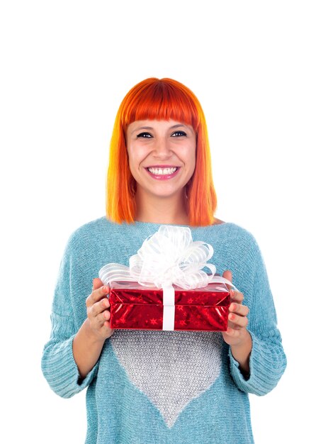 Redhead woman with a red present  