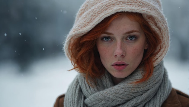 Redhead woman in wooly scarf on winter scene background AI generated