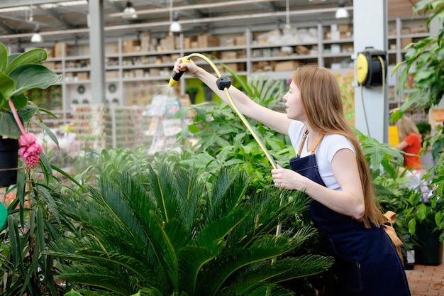 Redhead young woman worker in plant market greenhouse pouring plants and smiling