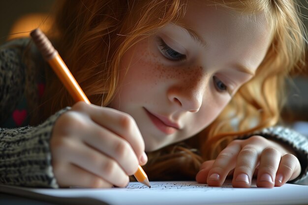 Photo redheaded child focused on writing in notebook