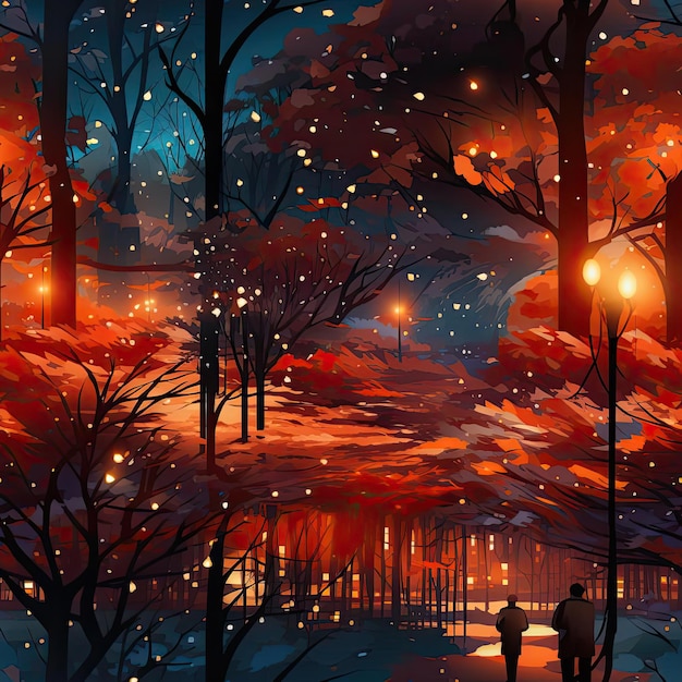 Redlit forest with people walking through at night tiled