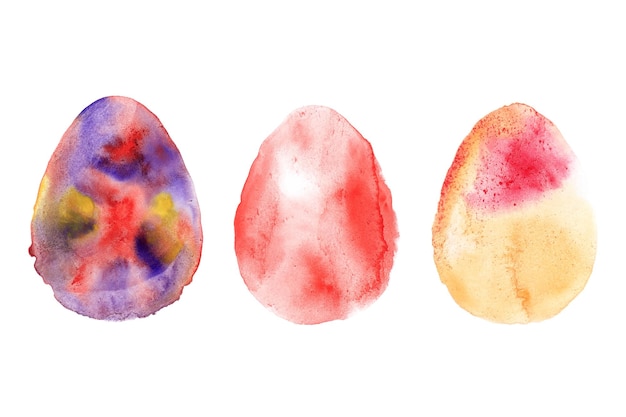 赤オレンジ ブルー手描き水彩の木の卵イラスト コレクション分離紙のテクスチャにイースターの要素 休日の春や水彩画の水の色の卵